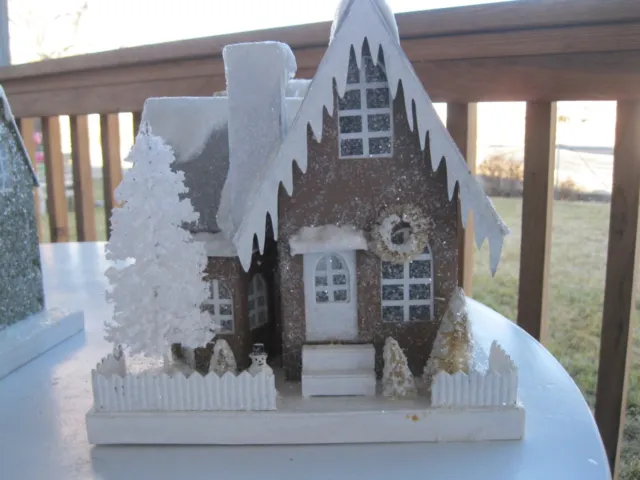 Snowy Brown Cardboard Christmas Village House with Light/Cord