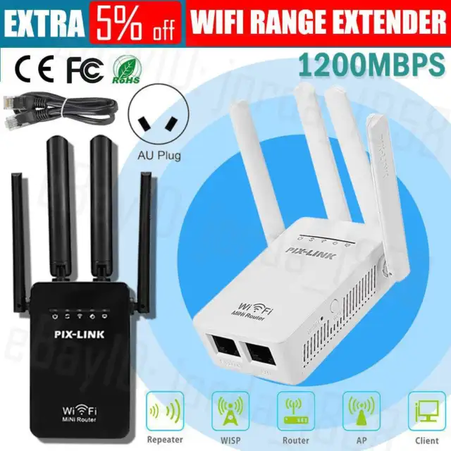 1200Mbps Dual Band Wireless WiFi Extender Repeater Router Range Signal Booster