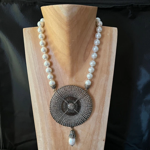 HEIDI DAUS Crystal Belgium Disc with a Single Strand of Pearls and a Pearl Drop