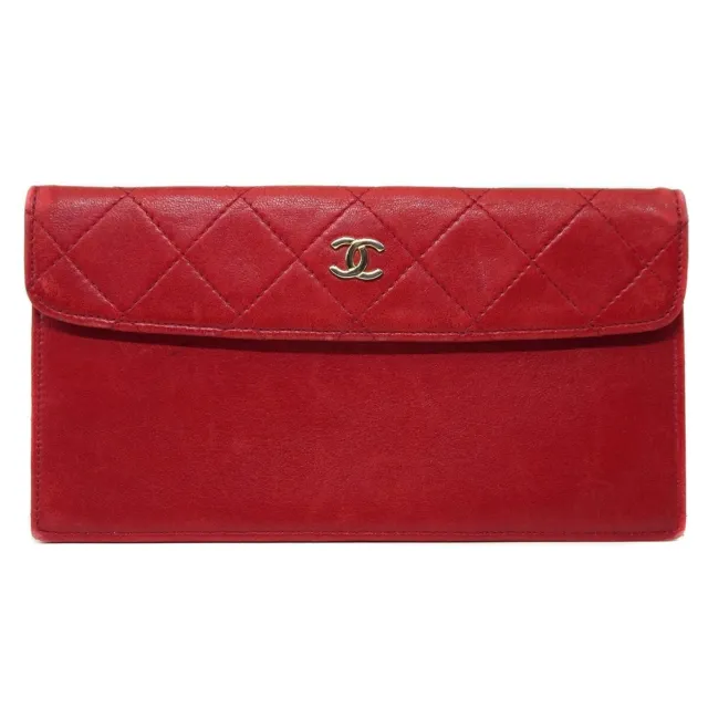 CHANEL Quilted Leather Coco Mark CC Quilted Pouch Wallet Multicase Red Z1361
