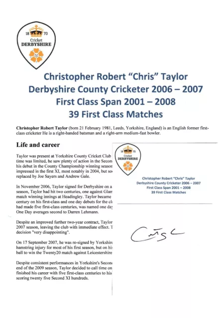 Chris Taylor Derbyshire County Cricketer 2006-2007 Original Autograph