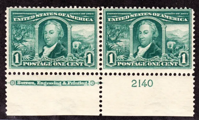 US 323 1c Louisiana Purchase Mint Bottom MI Plate Pair #2140 F-VF OG NH SCV $170