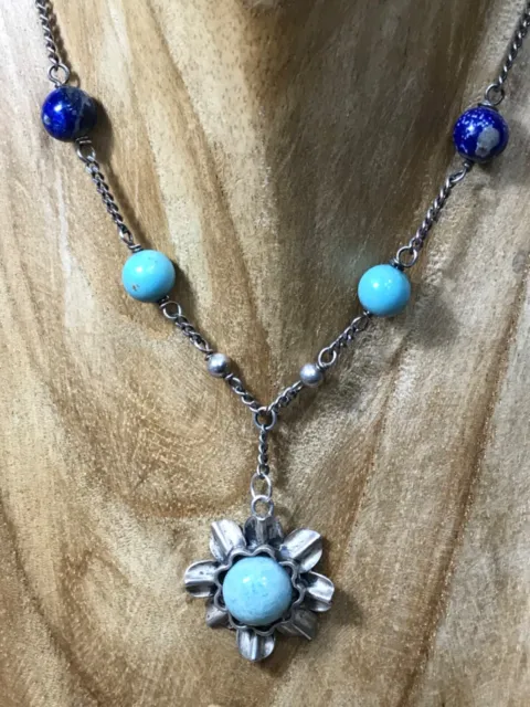 Vintage sterling silver turquoise & lapis artisan 44cm handmade flower necklace