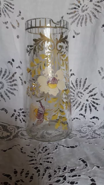 Ancien et grand pichet en verre soufflé, peint (émaillé?) DLG Legras-Fleurs,vase
