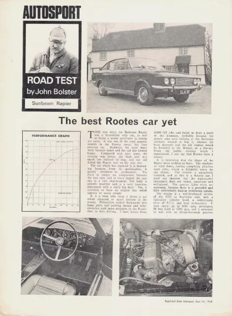 Sunbeam Rapier 1725cc Fastback Road Test 1968 UK Market Single Sheet Brochure