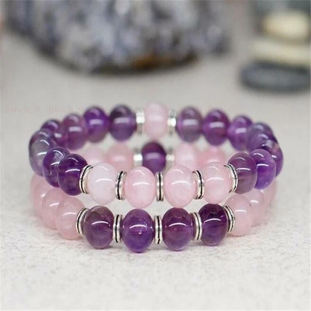2pcs 8mm Pink crystal Amethyst Gemstone Mala Bracelet 7.5 inches Reiki Cuff Bead