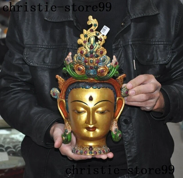 Tibetan Buddhism temple bronze Gilt Inlay gem Tara Kwan-Yin Buddha statue mask