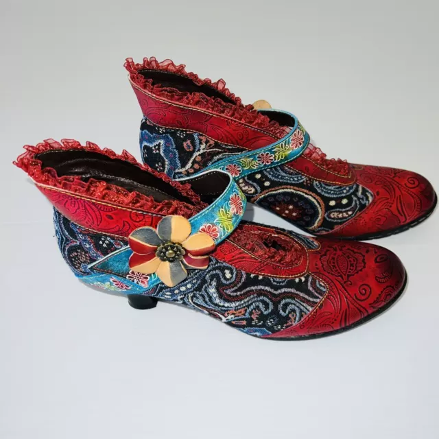 SOCOFY Women Bohemian Size 42 Leather & Textile Ankle Boots Floral