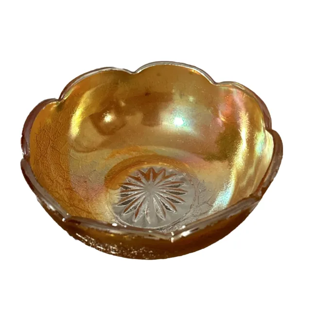 Jeannette Crackle Iridescent Marigold Carnival Depression Glass Dessert Bowl
