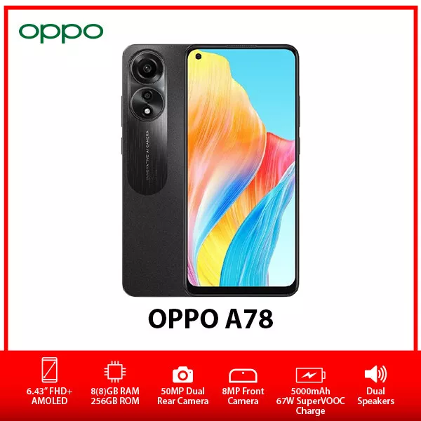 OPPO A78 4G Mist Black 128GB + 8GB Dual-Sim Factory Unlocked GSM NEW