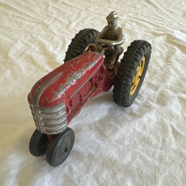Vintage Hubley Red Farm Tractor with Cast Iron Driver Old Cool Toy Yellow Wheels