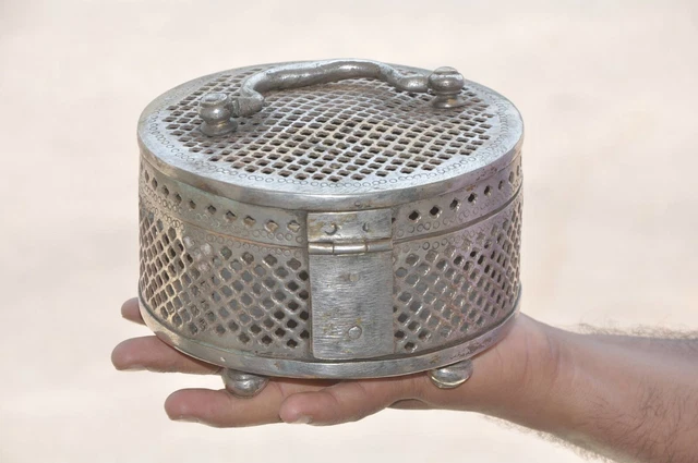 Old Brass Handcrafted Jali Cut 5 Compartment Betel Nut Box 3