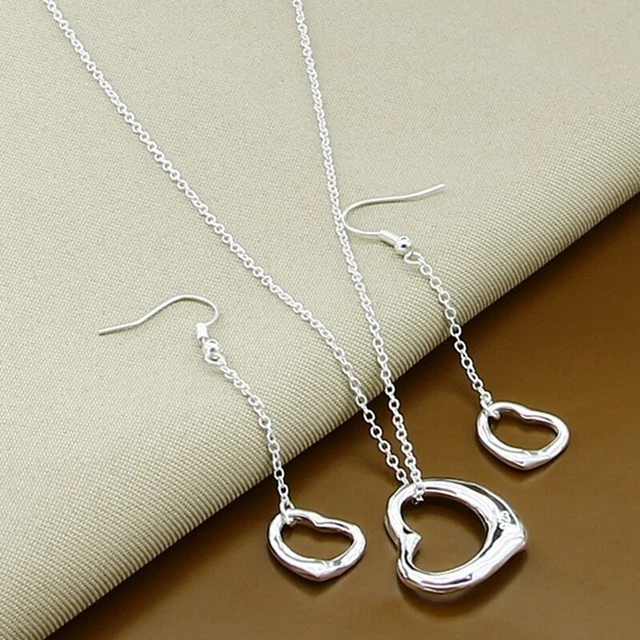Women's 925 Sterling Silver Love Heart Pendant Necklace Earrings Jewellery Sets