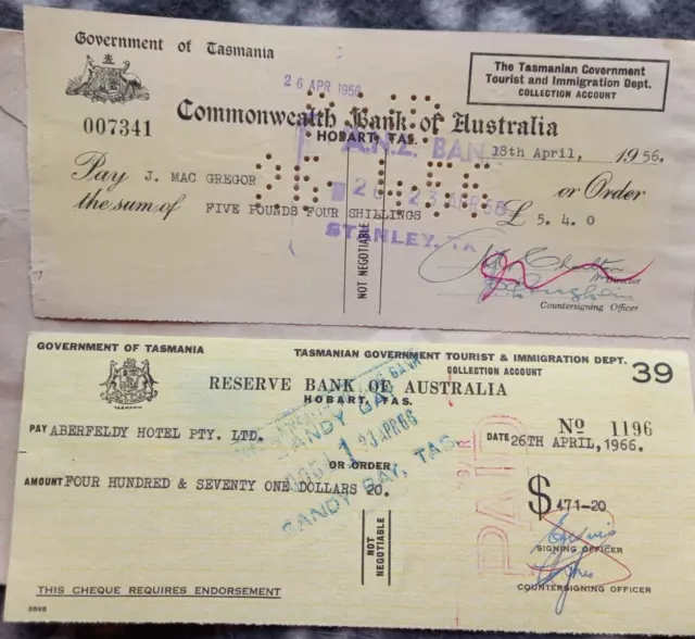 Australia 1956 + 1966 Two Tasmania Govt Bank Cheques With Revenue Stamps