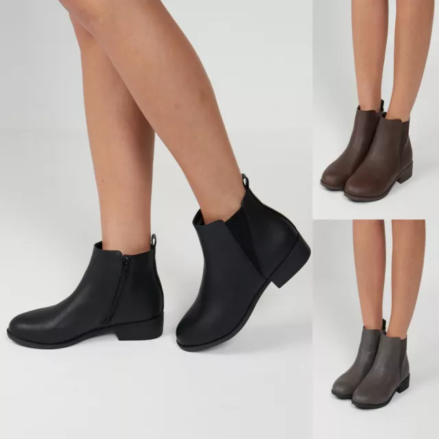 Womens Chelsea Ankle Boots Ladies Elastic Zip Up Almond Toe Low Block Heel Shoe
