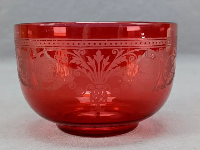 Late 19th Century French Etched Neoclassical Scrollwork Cranberry Finger Bowl