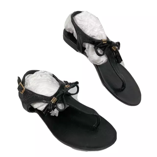 Miz Mooz Sandals Womens Sz 6.5 Black Leather T Strap Tasseled Thong Buckle