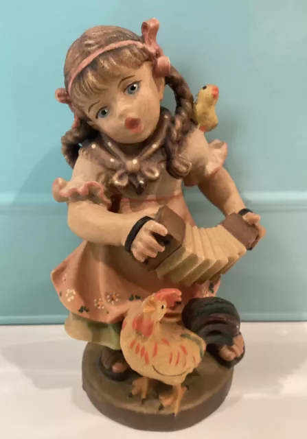 Vintage Carved Figurine Girl W Rooster GG Lang sel Erben Oberammergau