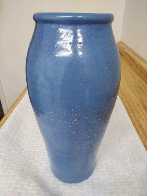 Vintage pottery stoneware vase; blue glazed; large.