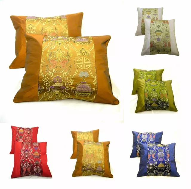 Cushion Covers Silk Chinese Embriodered Oriental Home Decor 16"x16" x 2 Pair