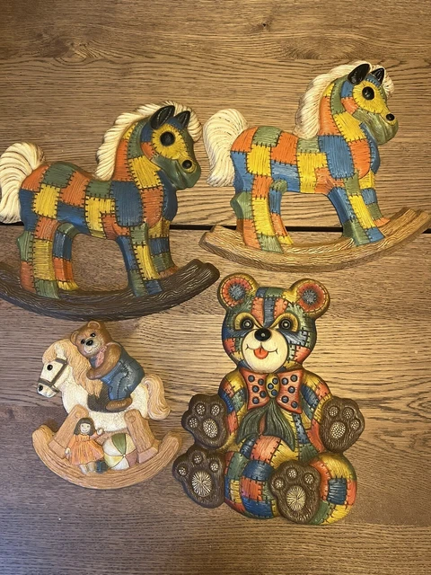 Vintage 70's Foam Patchwork Teddy Bear And Rocking Horse Nursery Wall Decor