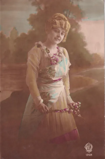 Art Nouveau Beautiful Lady Colored Vintage RPPC 1919 Military Army Postcard D53