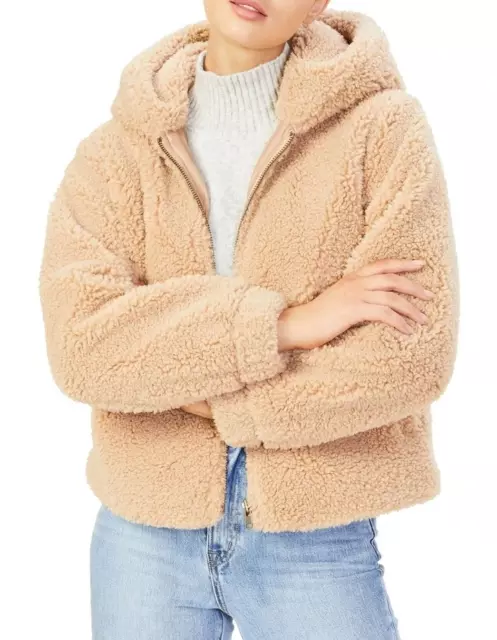 Like New! French Connection Beige Brown Teddy Fur Hooded Jacket Size XS 6 Womens