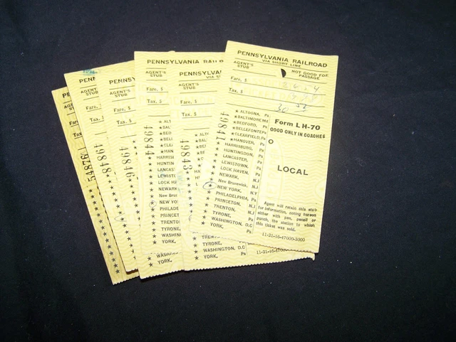 6 Lot~1949 Pennsylvania Railroad Via Short Line Ticket Stub Pass