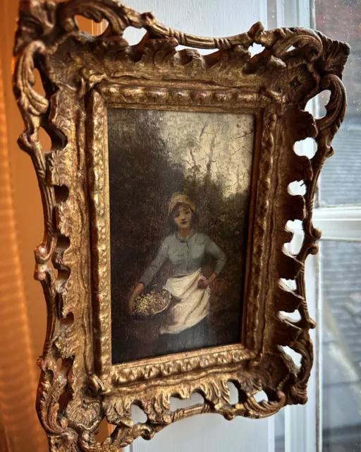 Fine Miniature French Antique Oil Painting In Ornate Gold Carved Frame 19th C