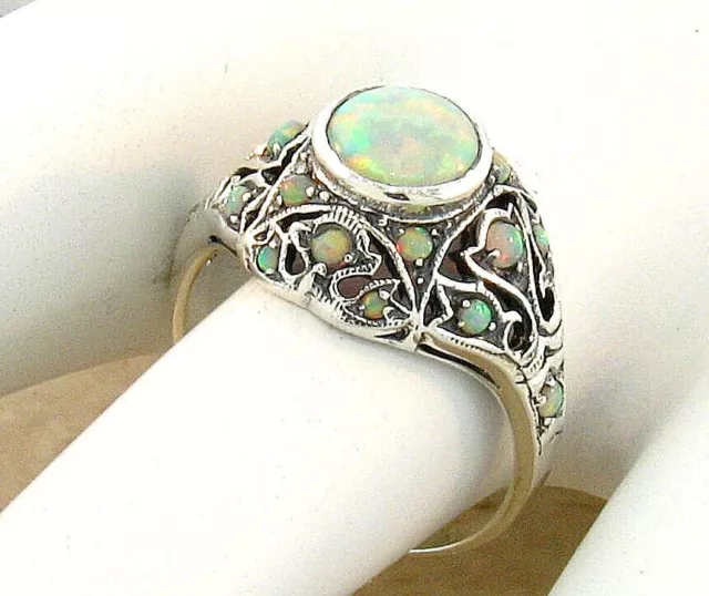 Victorian Style Antique Design 925 Sterling Silver Lab-Created Opal Ring    #760