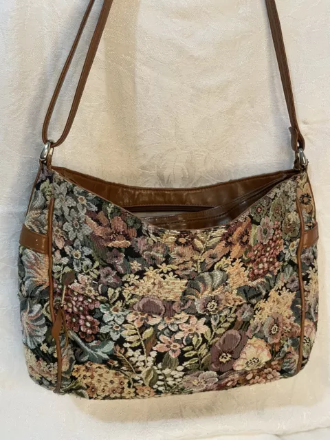 Vtg SAS Women's Tapestry Shoulder/Crossbody Bag Floral Pattern Leather Trim