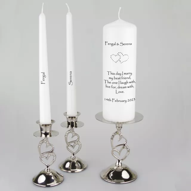 Personalised Wedding Unity Candle with Diamante Entwined Hearts