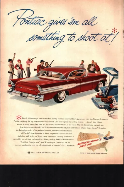 1957 Pontiac something to shoot at guns  Print Ad Car Ephemera 11”x14” nostlagic