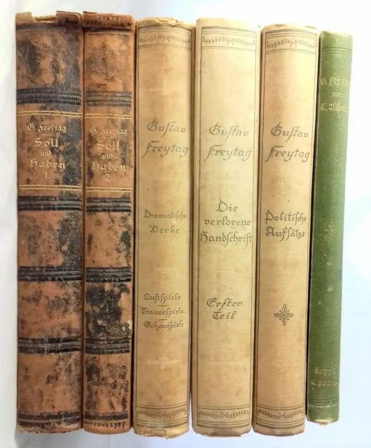 🗝️  Antik - 6x Bände Gustav Freytag - Sammlung dekorative Literatur Leder Paket