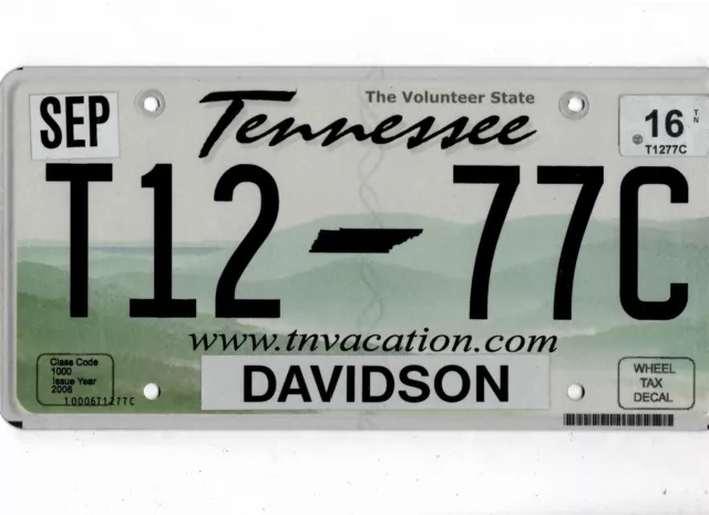 TENNESSEE passenger 2016 license plate "T12 77C" ***NATURAL***DAVIDSON***