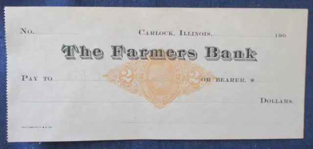 1900s Carlington Illinois Farmers Bank Check w/ Printed Revenue Unused