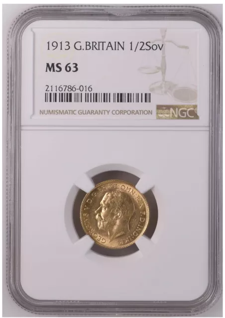 1913 George V Gold Half Sovereign Coin NGC MS 63.london Mint