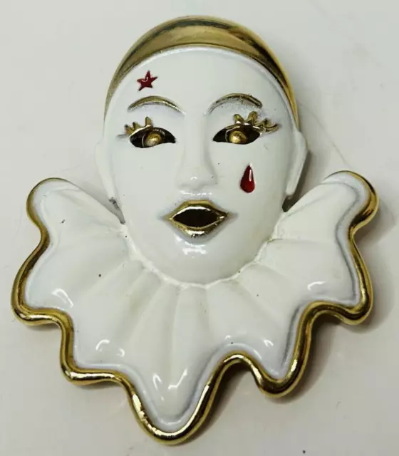 Vintage White Harlequin Mask Sad Clown Face Theatre Gold Tone Trim Pin Brooch