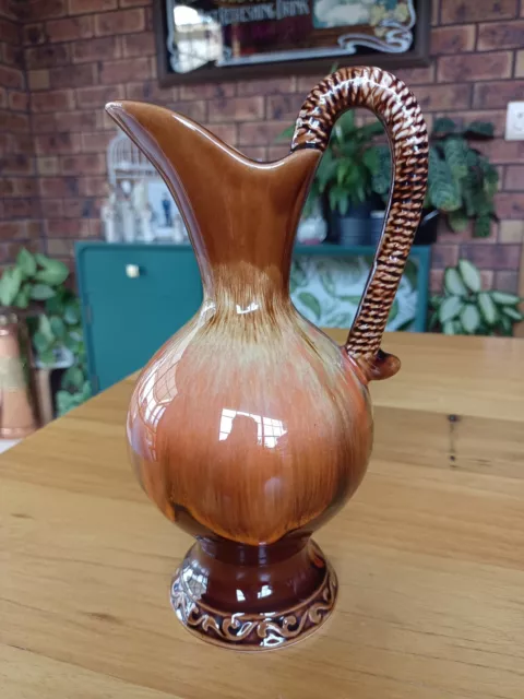 Vintage 70s Japan Made Orange Brown Vase Jug Drip Glaze Mid Century Retro