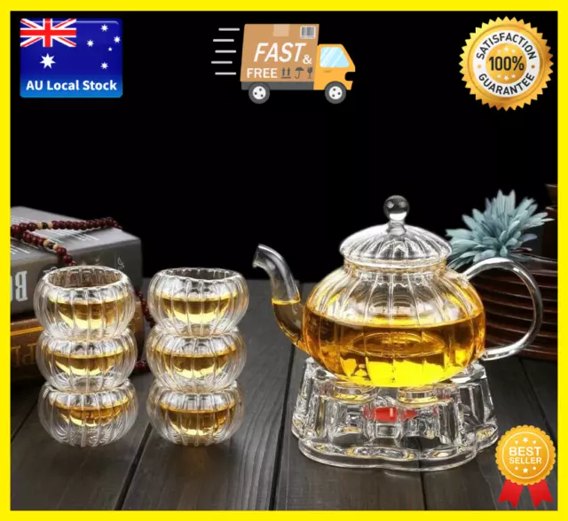 8 Piece Glass Tea Set 600ml Pumpkin Teapot With Infuser + Teapot Warmer + 6 Cups
