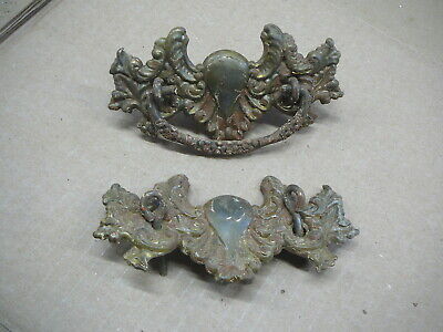 PAIR ANTIQUE DRAWER BAIL PULLS ORNATE BRASS BACKPLATES  3" Centers -  No.6-2