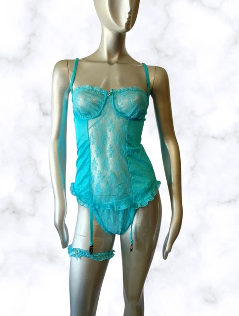 Vintage Nan Flower 3 Piece Lingerie Blue Nylon Teddy W/ Garter Belts Size Small