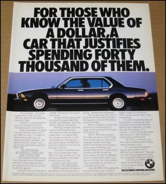 1985 BMW 735i Print Ad Car Automobile Auto Advertisement Vintage 735i is