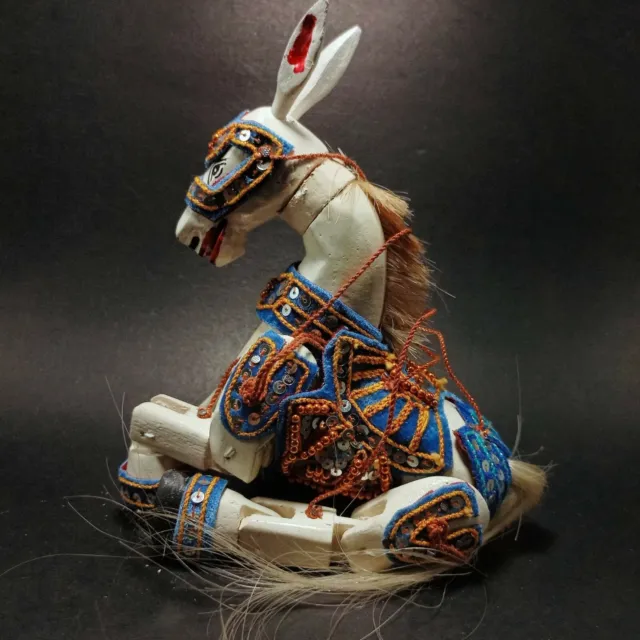 Burmese Horse Wooden Marionette String Puppet Saddle Asian Craft Doll Toy Blue