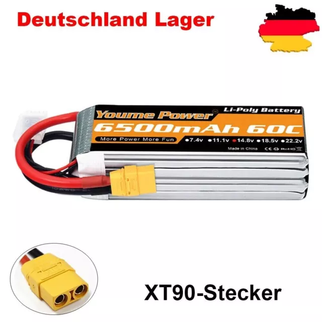 Youme 14,8V 6500mAh 4S XT90 60C LiPo Batterie für RC Flugzeug Auto Drohne Akku