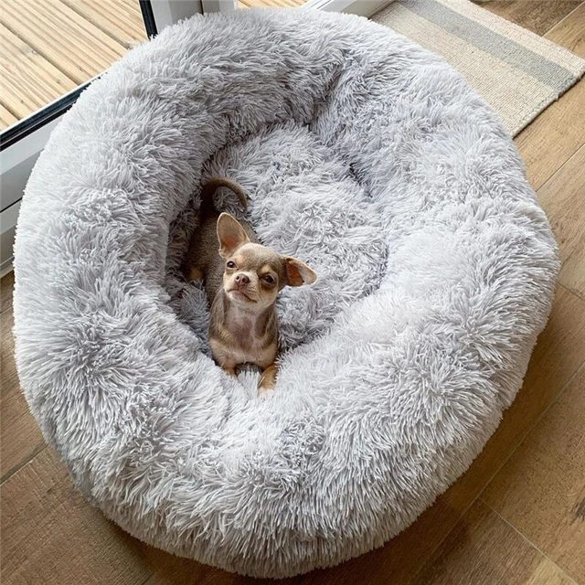 Donut Plush Pet Dog Cat Bed Fluffy Soft Warm Calming Bed Sleeping Kennel Nest