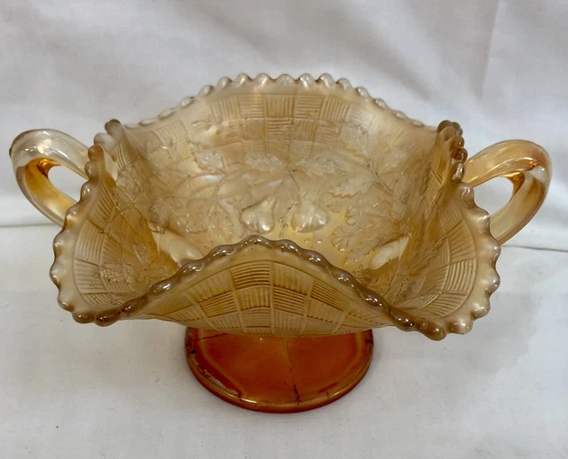 Antique Carnival Glass Footed Compote Bowl Northwood 3 Fruits Marigold 8"