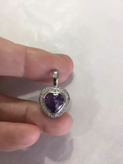 Beautiful Sterling Silver 925 Purple + Clear Cubic Zirconia Heart Pendant 🌻