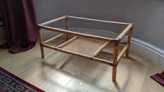 Vintage Bamboo, Glass & Rattan Coffee  Coffee Table