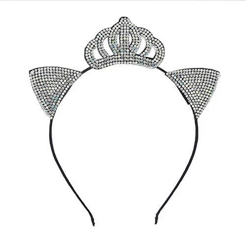 Halloween Black Kitty Cat Ears Princess Crown Crystal Rhinestones Headband